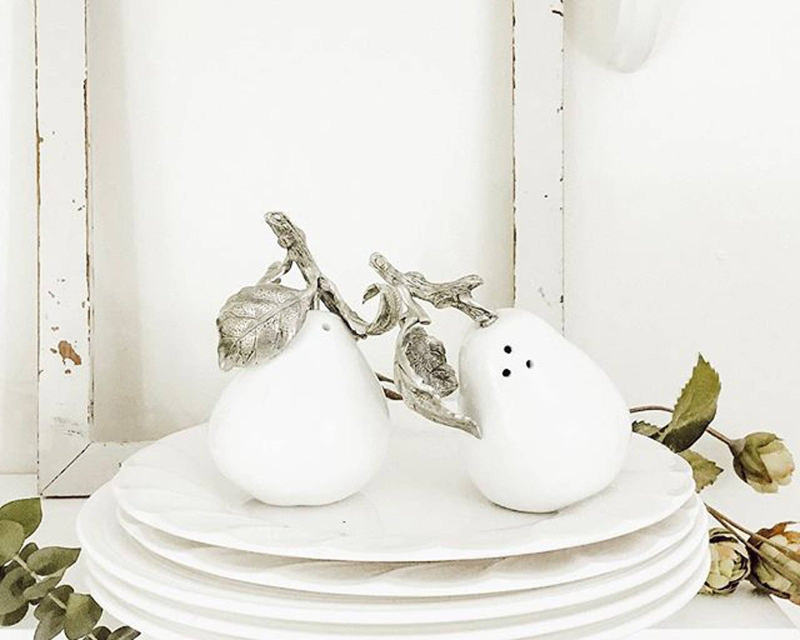 Vagabond House - Porcelain Pear Salt and Pepper with Pewter Leaf