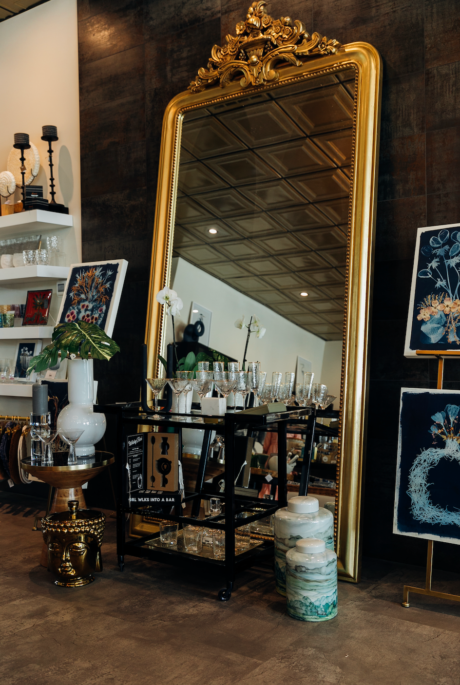 Grand mirror and bar cart at Black Tie Beach Shop