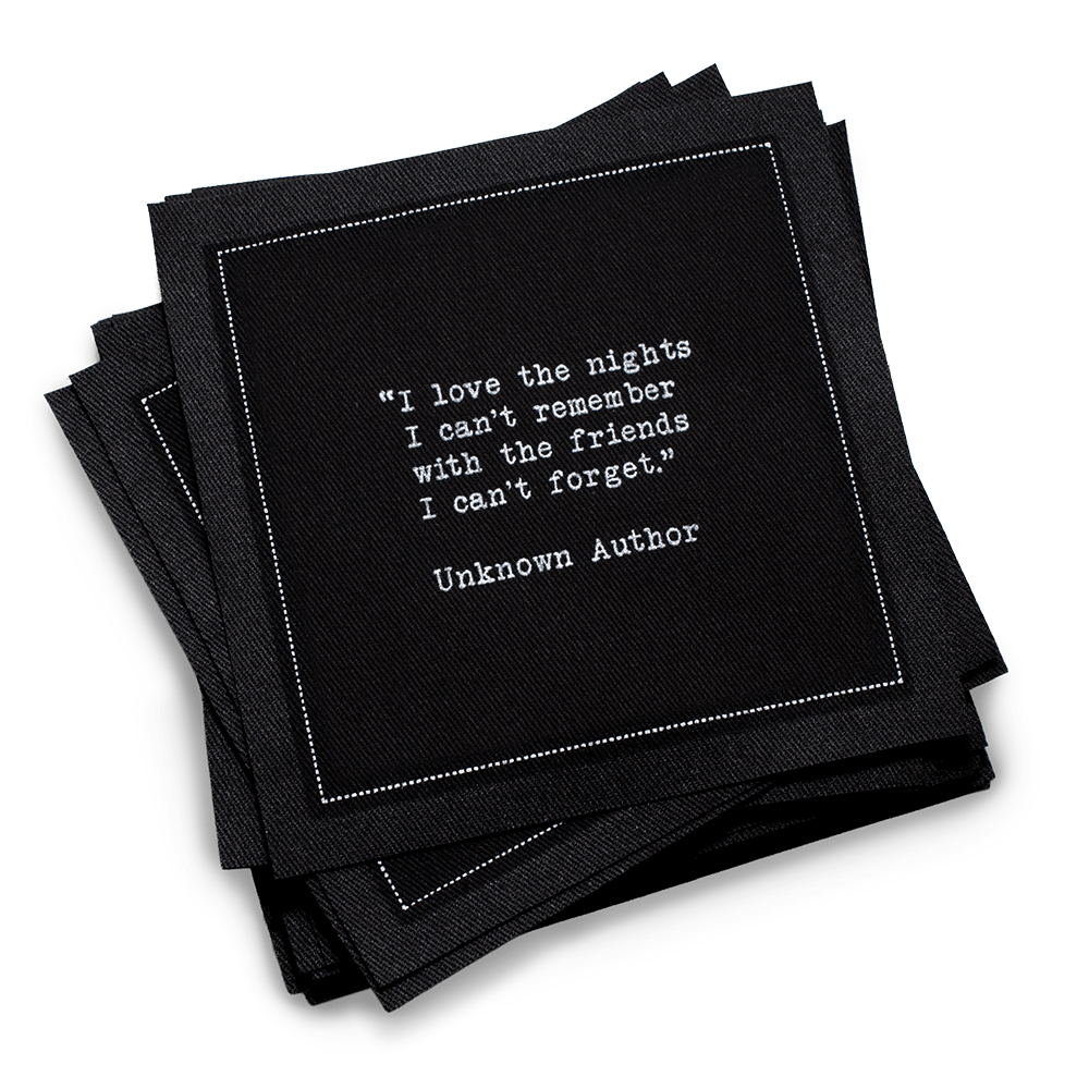Five Star Napkins Inc. - Drinking Quotes - Black Cotton Cocktail Napkins 50x