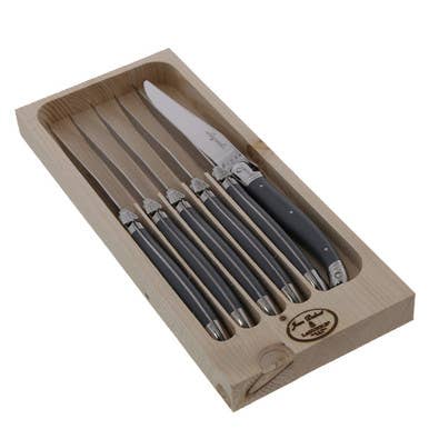 The French Farm - Jean Dubost 6 Steak Knives with Gray Handles in Tray