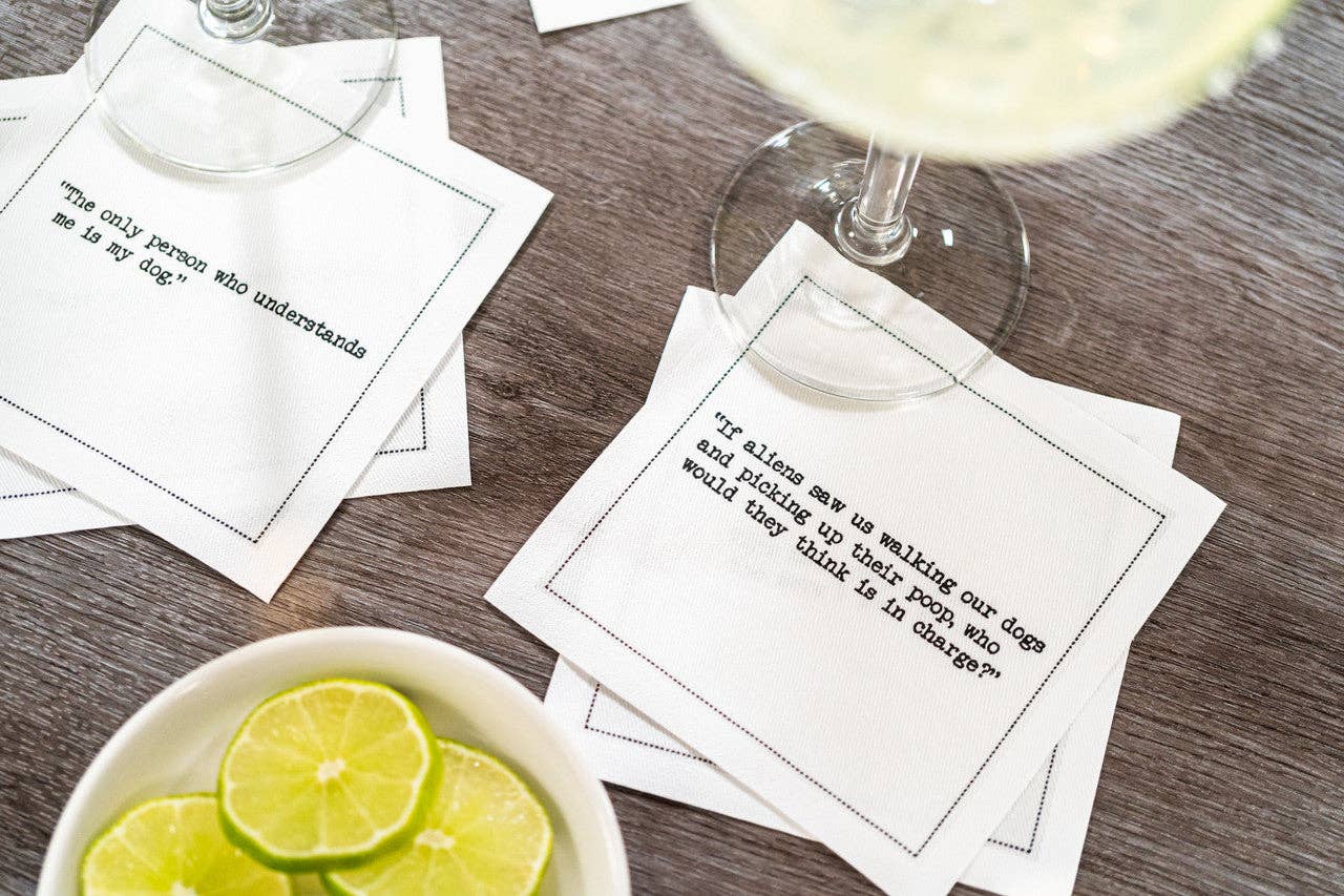 Five Star Napkins Inc. - Dog Quotes - White Cotton Cocktail Napkins 50x