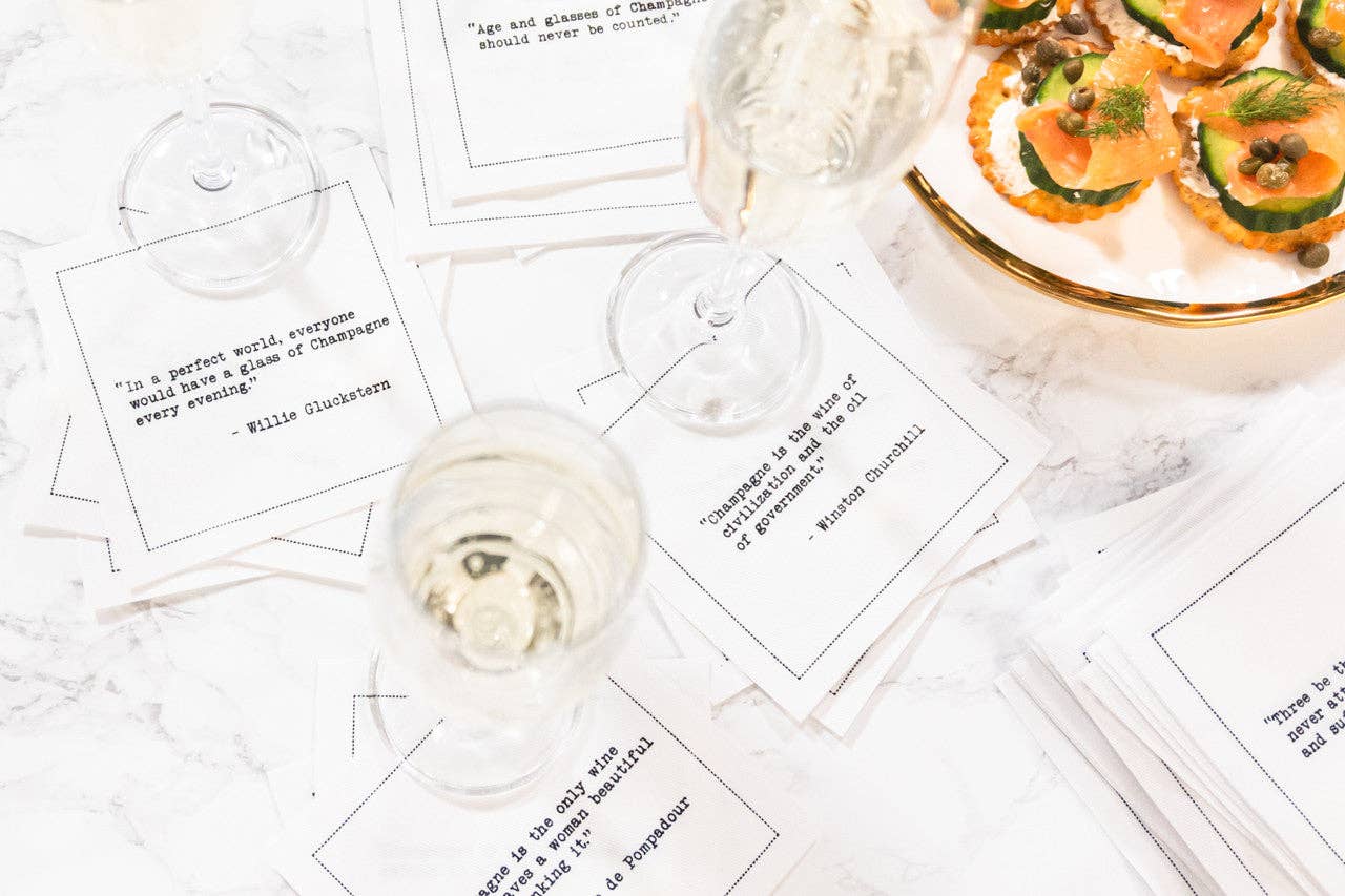 Five Star Napkins Inc. - Champagne Quotes - White Cotton Cocktail Napkins 50x