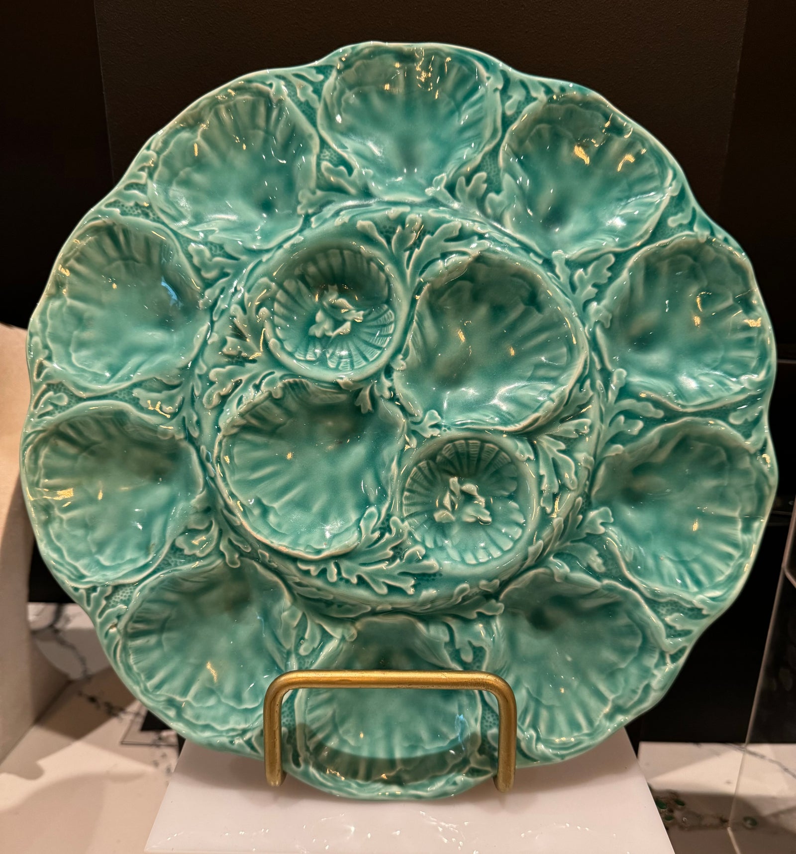 Large Gien Turquoise French Majolica Oyster Plate, Vintage